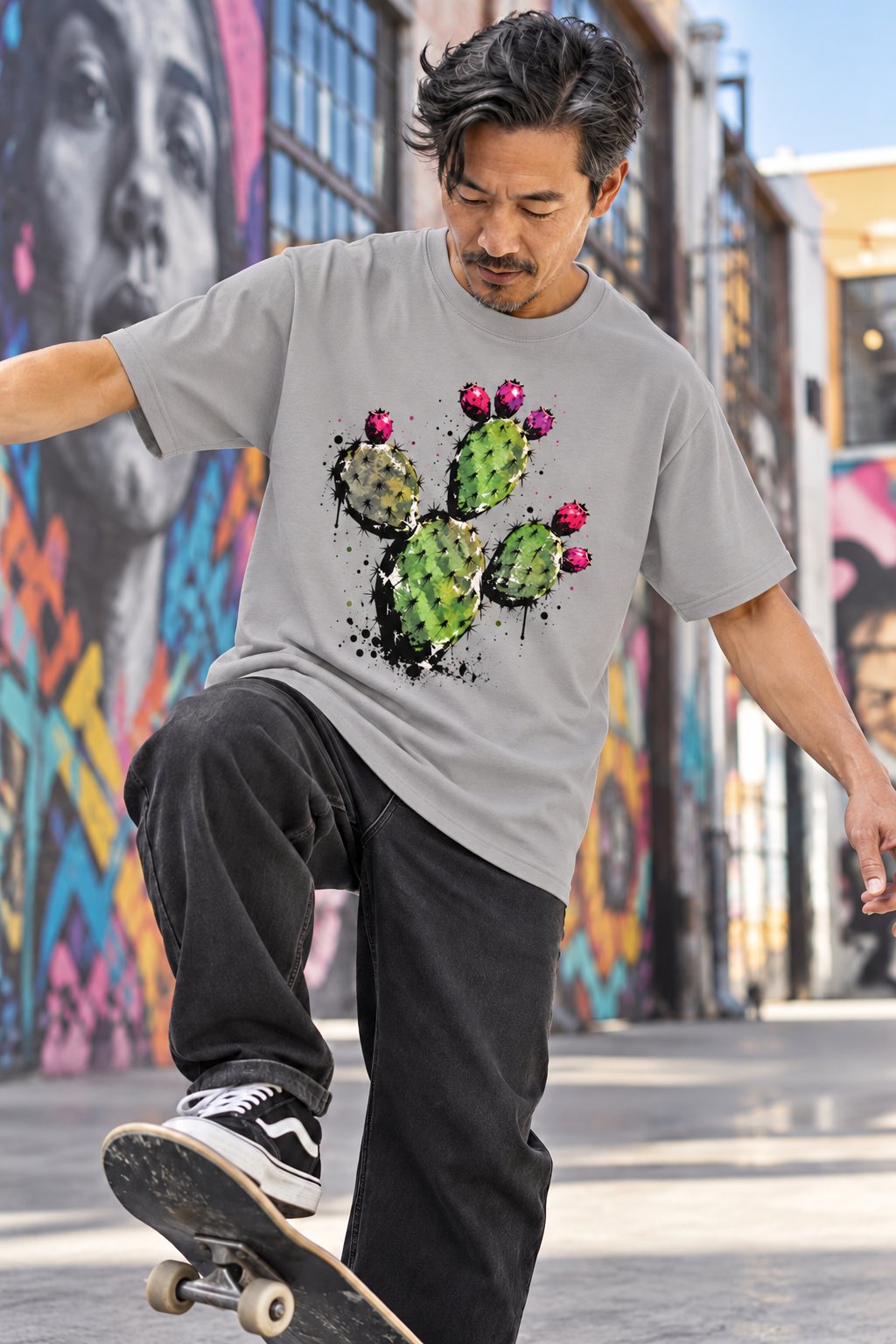 Model wearing Nopal Pop Oversized Tee [Color: Light Gray]