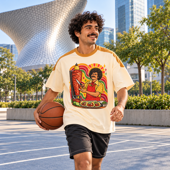 Model at a Mexico City court wearing the apricot and yellow Al Pastor Oversized Tee [Color: Apricot with Yellow]