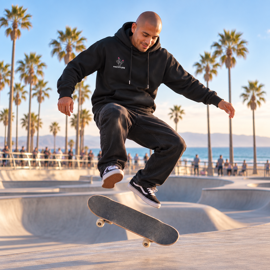 Model skateboarding at Venice Beach in the black Charro Mischief Cotton Hoodie [Color: Classic Black]