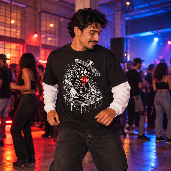 Model dancing in the LA Arts District wearing the black and white Charro Mix Layered Tee [Color: Black with White]