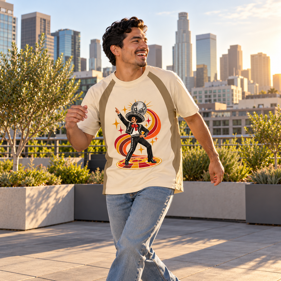 Charro dancer in the Disco Charro Raglan Tee at a modern DTLA rooftop gathering [Color: Beige Camel with Khaki]