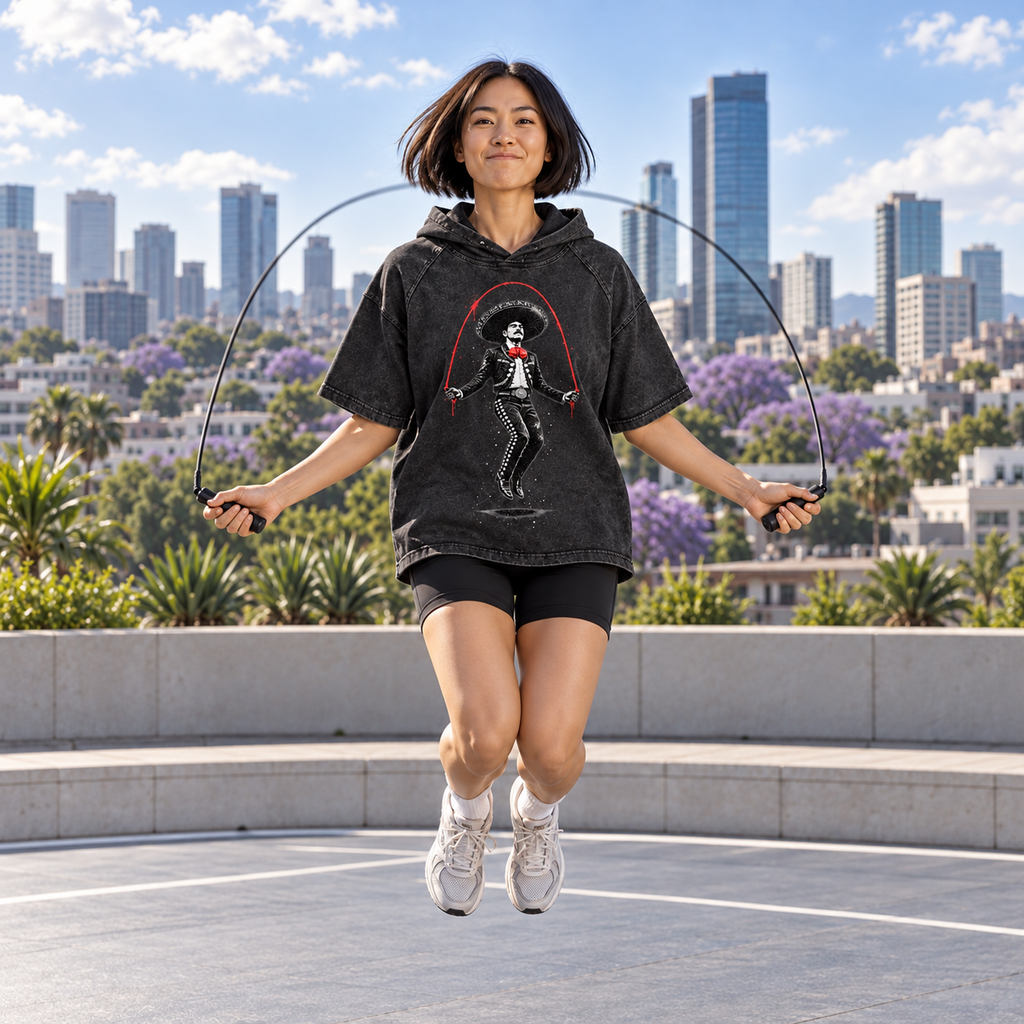Model jumping rope in Mexico City wearing the black Jump Rope Charro Hooded Tee [Color: Black]