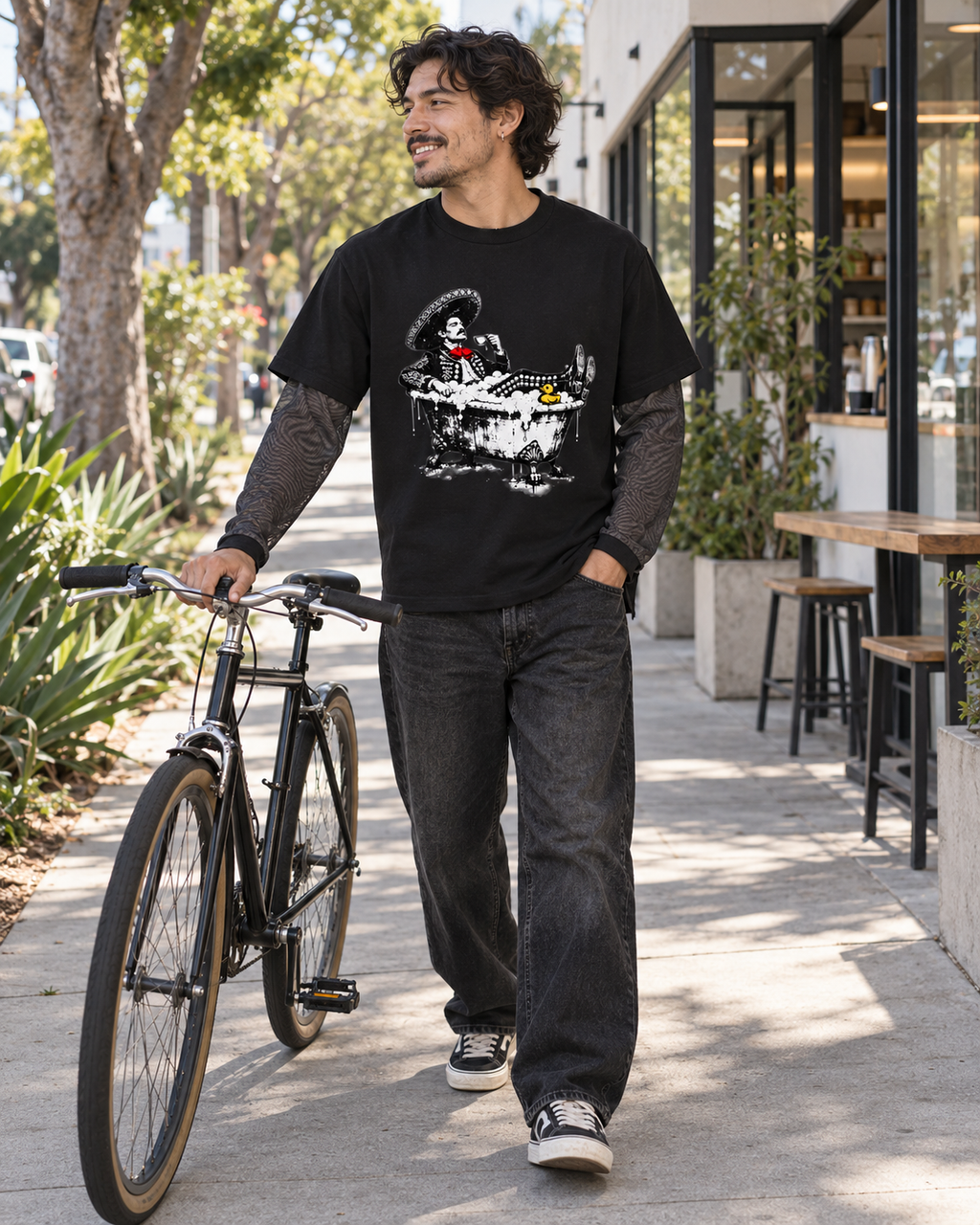 Nacoture model wearing Bubble Bath Charro Layered Tee [Color: Black] [Model: Men]