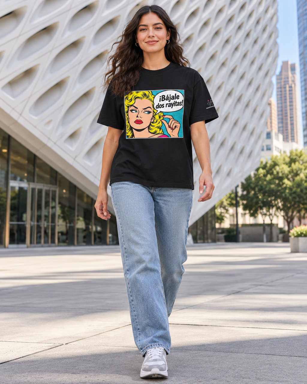 Nacoture model wearing Bájale Dos Rayitas Heavyweight Tee [Color: Classic Black] [Model: Women]