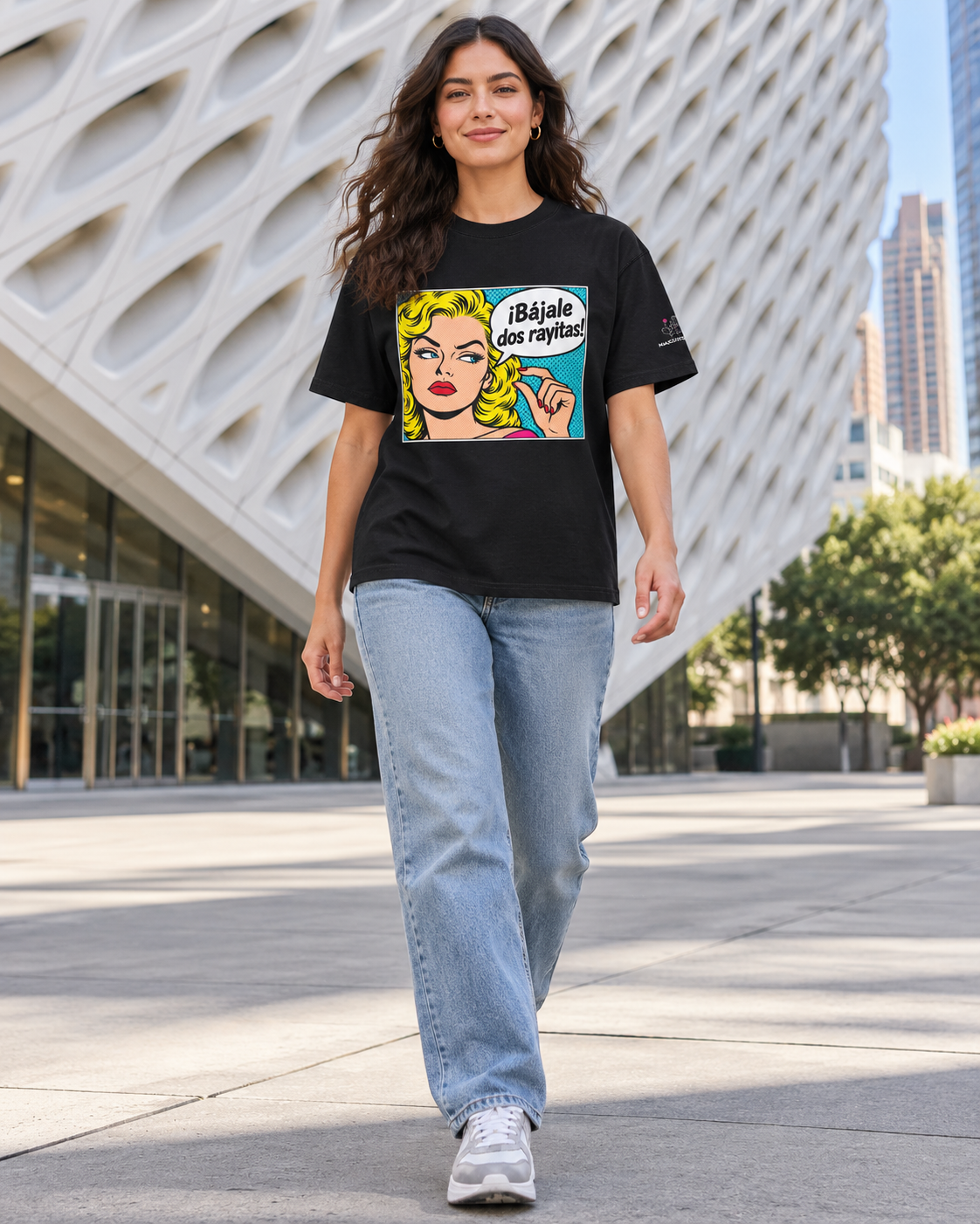 Nacoture model wearing Bájale Dos Rayitas Heavyweight Tee [Color: Classic Black] [Model: Women]