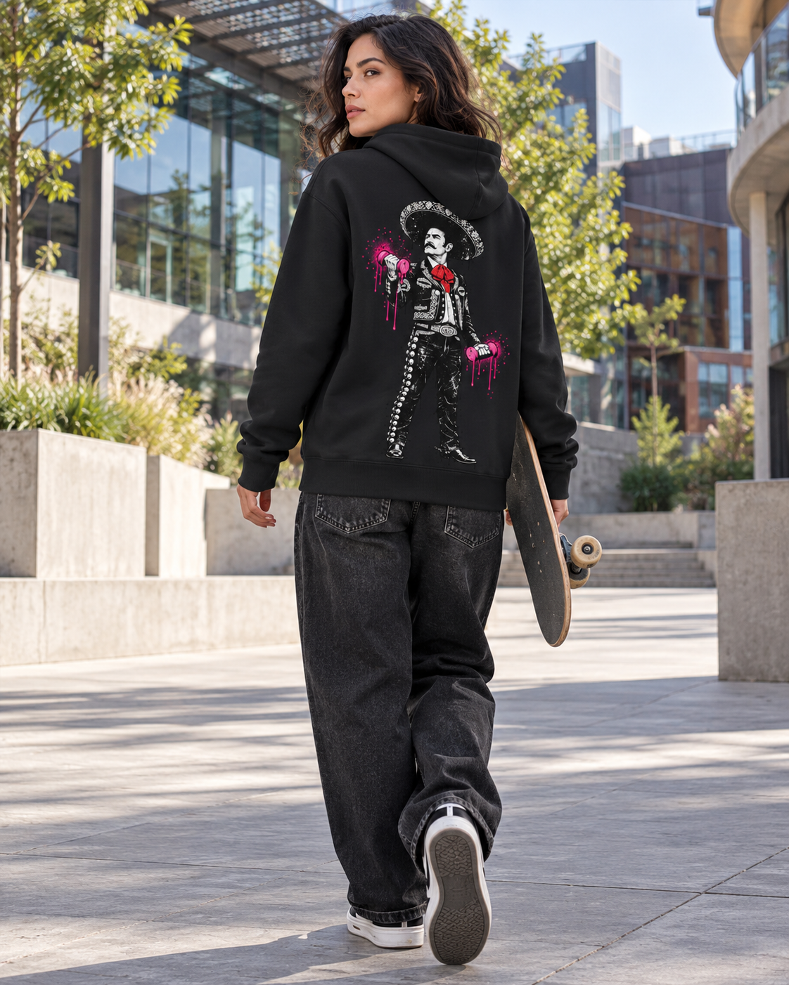 Nacoture model wearing Body Builder Charro Cotton Hoodie [Color: Classic Black] [Model: Women]
