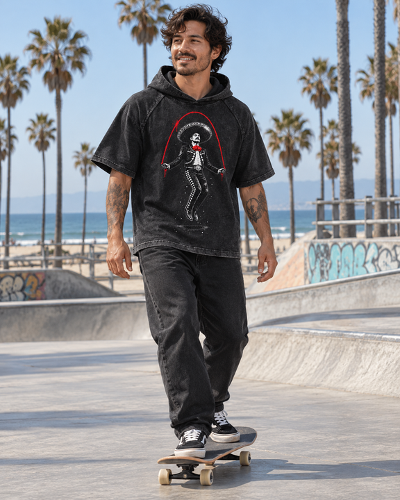 Nacoture model wearing Jump Rope Charro Hooded Tee [Color: Black] [Model: Men]