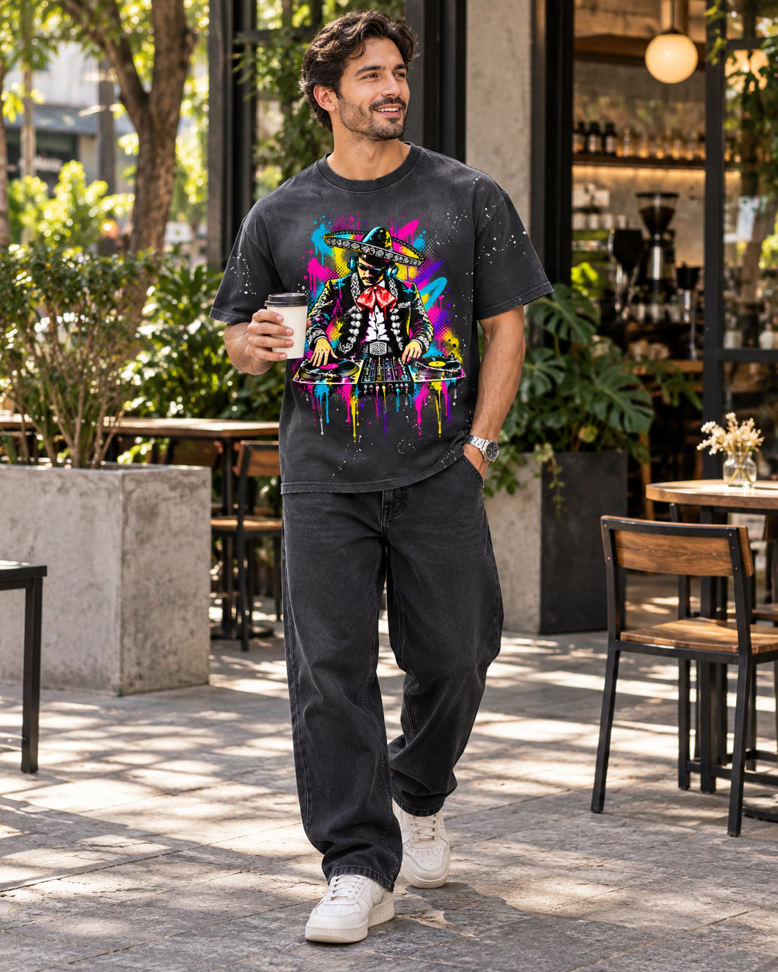 Nacoture model wearing Neon Charro Distressed Tee [Color: Black] [Model: Men]