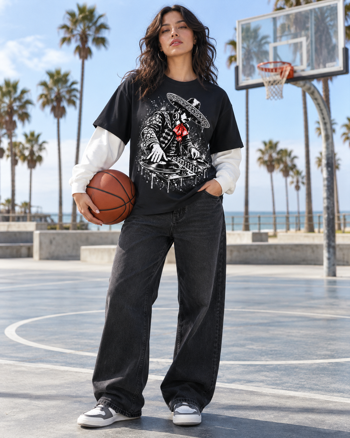 Nacoture model wearing DJ Charro Layered Tee [Color: Black with White] [Model: Women]