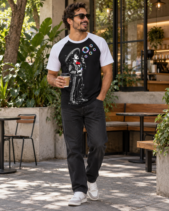 Nacoture model wearing Bubble-Blowing Charro Raglan Tee [Color: Black with White] [Model: Men]
