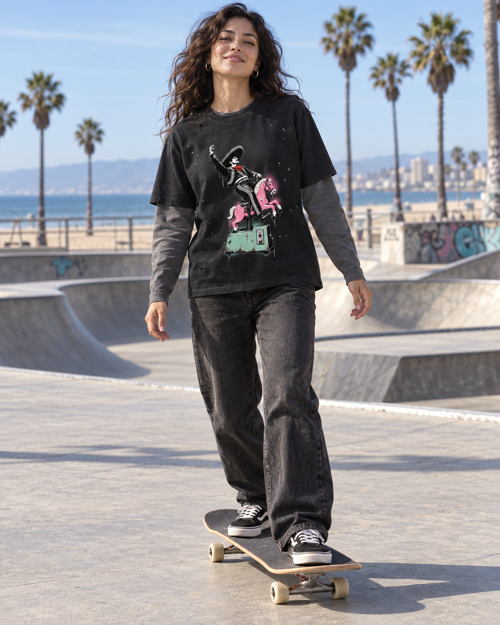 Nacoture model wearing Pony Charro Vintage Layered Tee [Color: Black with Gray] [Model: Women]