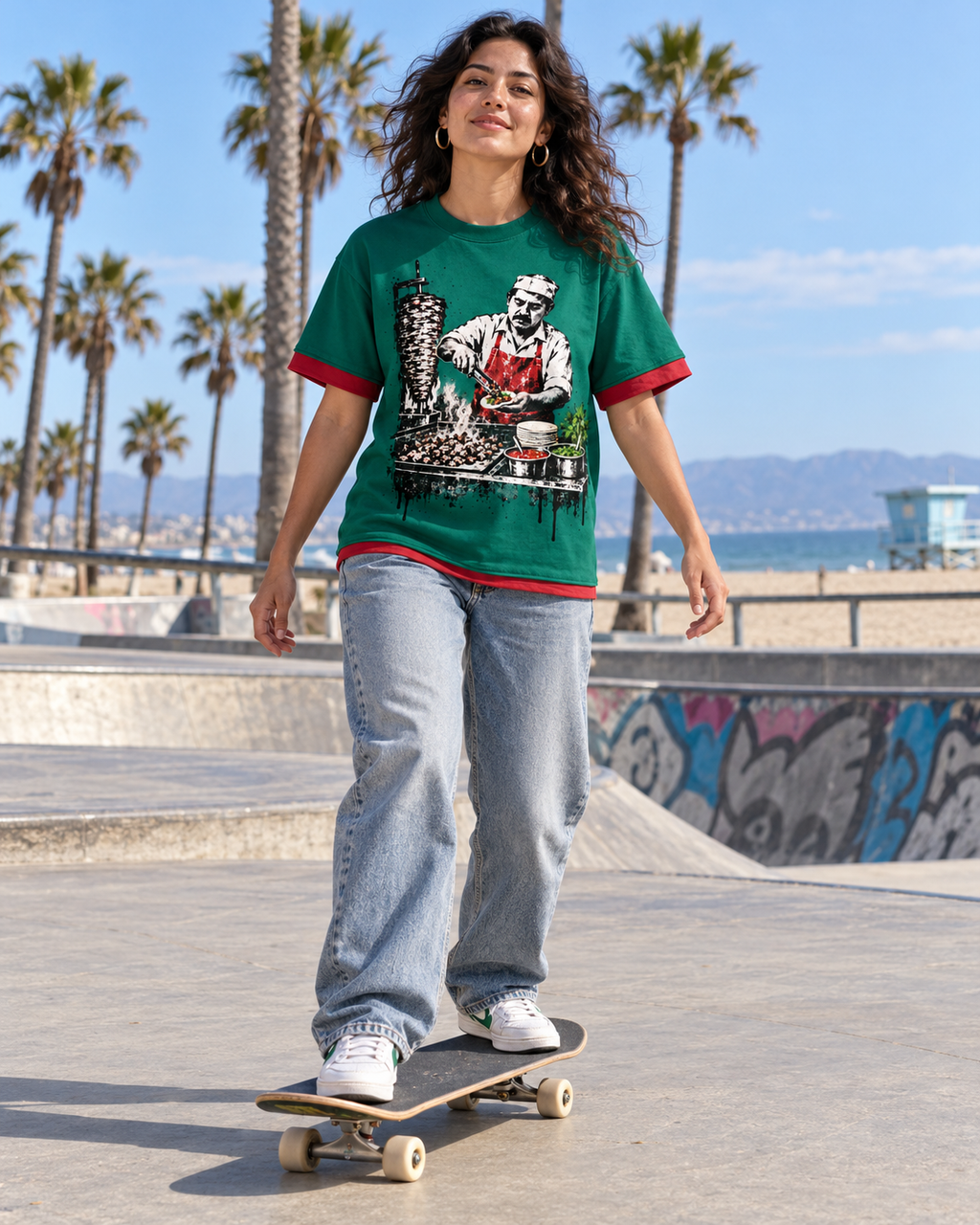 Nacoture model wearing Taquero Color-Block Tee [Color: Dark Green with Red] [Model: Women]