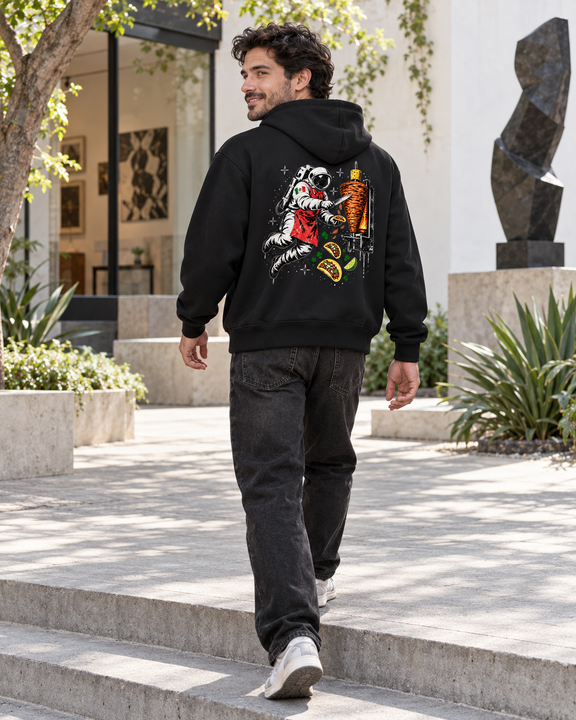 Nacoture model wearing Space Taquero Full-zip Hoodie [Color: Black] [Model: Men]