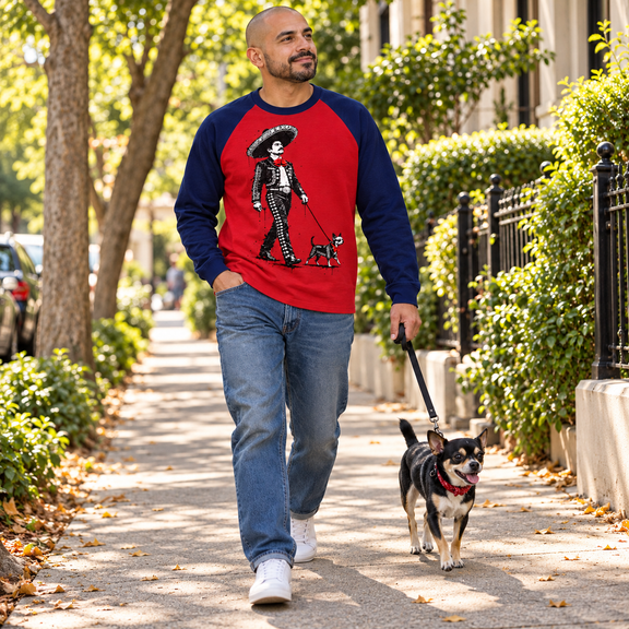 Model wearing Color-Blocked Raglan Long-Sleeve T-Shirt in a natural everyday scene [Color: Red with Navy Blue]