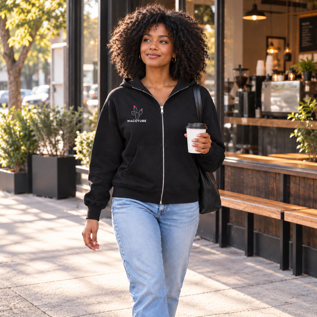 Model wearing Fleeced Full-Zip Boxy Hoodie in a natural everyday scene [Color: Black]