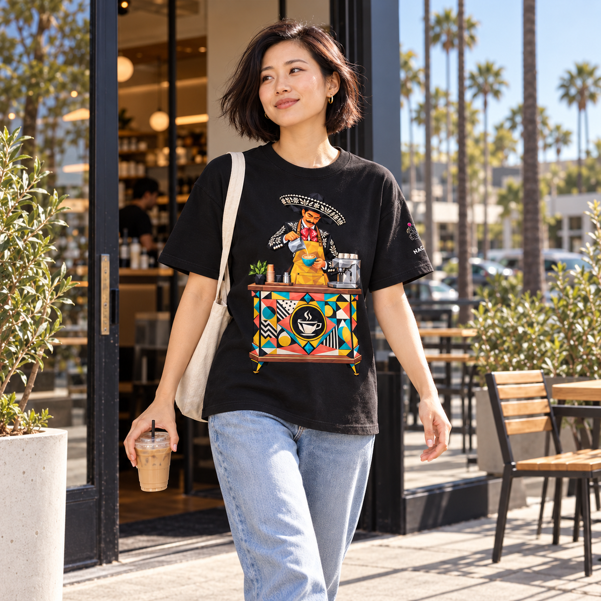 Model wearing Heavyweight Drop Shoulder Cotton T-Shirt in a natural everyday scene [Color: Classic Black]