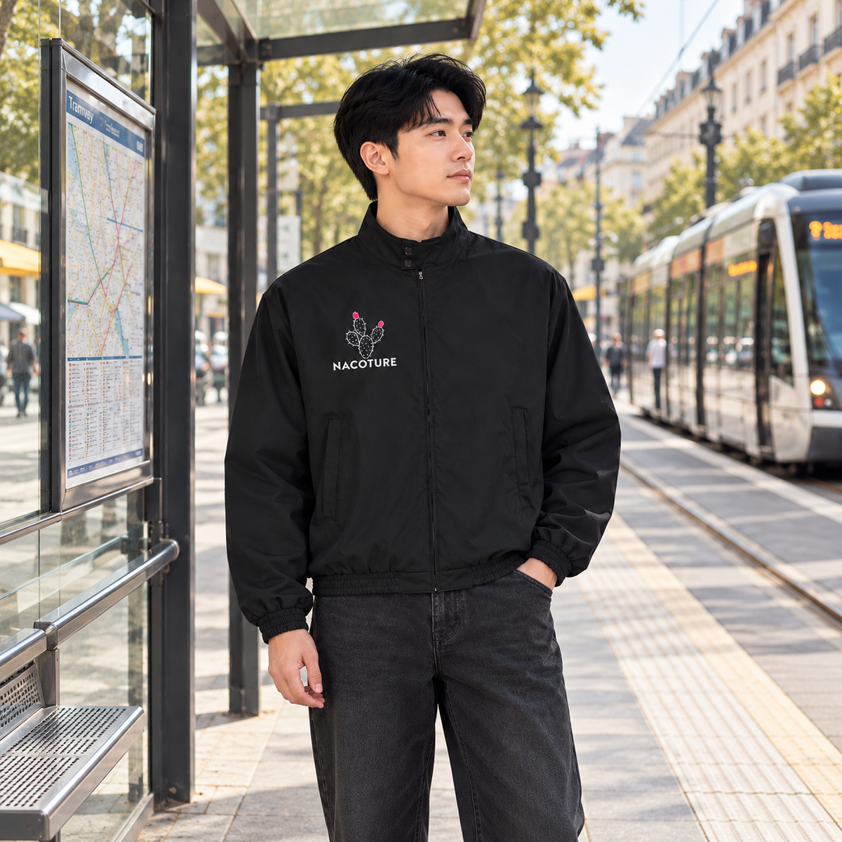 Model wearing Stand Collar Bomber Jacket in a natural everyday scene [Color: Black]