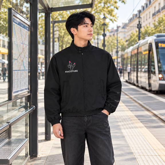 Model wearing Stand Collar Bomber Jacket in a natural everyday scene [Color: Black]