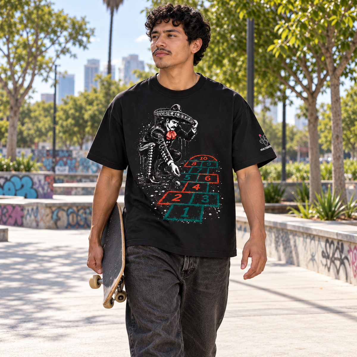 Model wearing Streetwear Loose Drop Shoulder T-Shirt in a natural everyday scene [Color: Black Beauty]