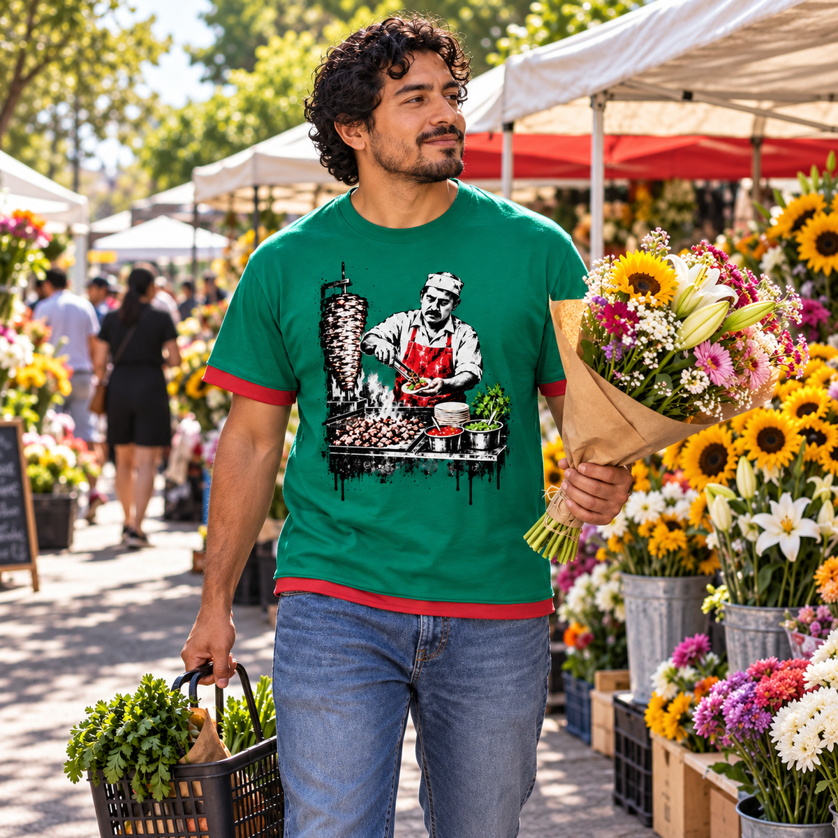 Model wearing Unisex Boxy Color Block T-Shirt in a natural everyday scene [Color: Dark Green with Red]