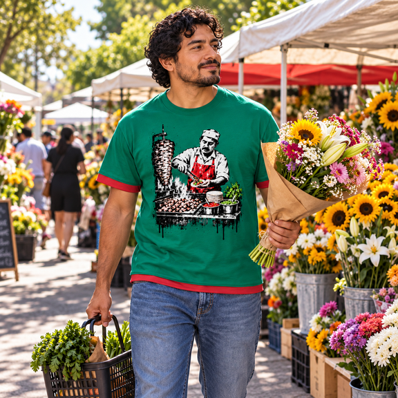 Model wearing Unisex Boxy Color Block T-Shirt in a natural everyday scene [Color: Dark Green with Red]