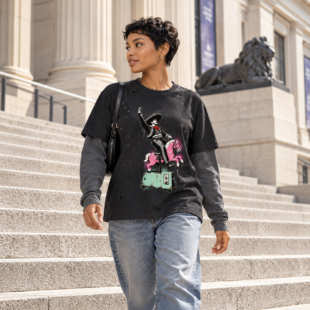 Model wearing Unisex Vintage Wash Distressed Layer T-Shirt in a natural everyday scene [Color: Black with Gray]
