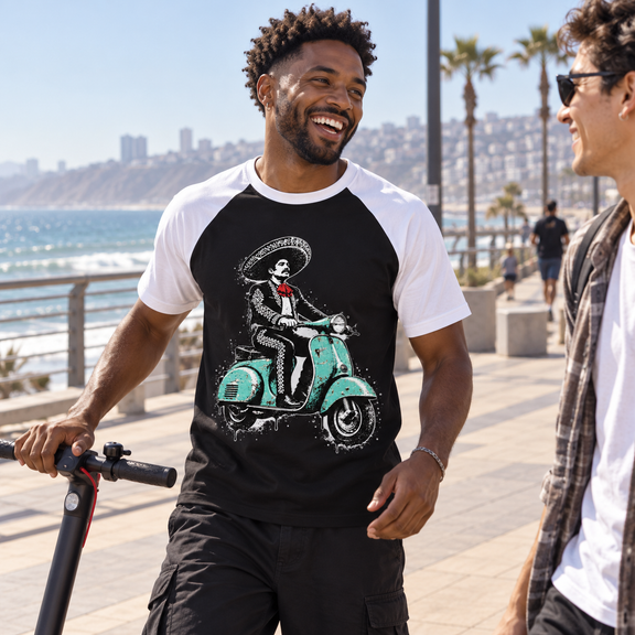 Model wearing the Black with White charroScooter Nacoture shirt in a candid modern city scene [Color: Black with White]