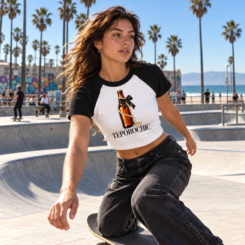 Model wearing the White with Black cropTee Nacoture shirt in a candid modern city scene [Color: White with Black]