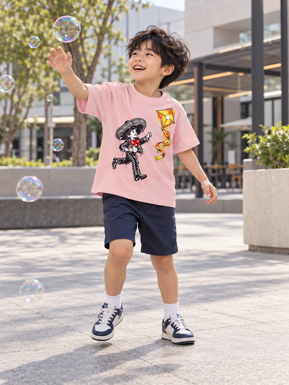 Child wearing Charrito kite tee [Color: Pink]
