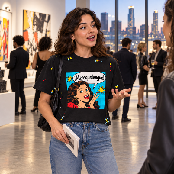Model wearing the Black merequetengue Nacoture shirt in a candid modern city scene [Color: Black]