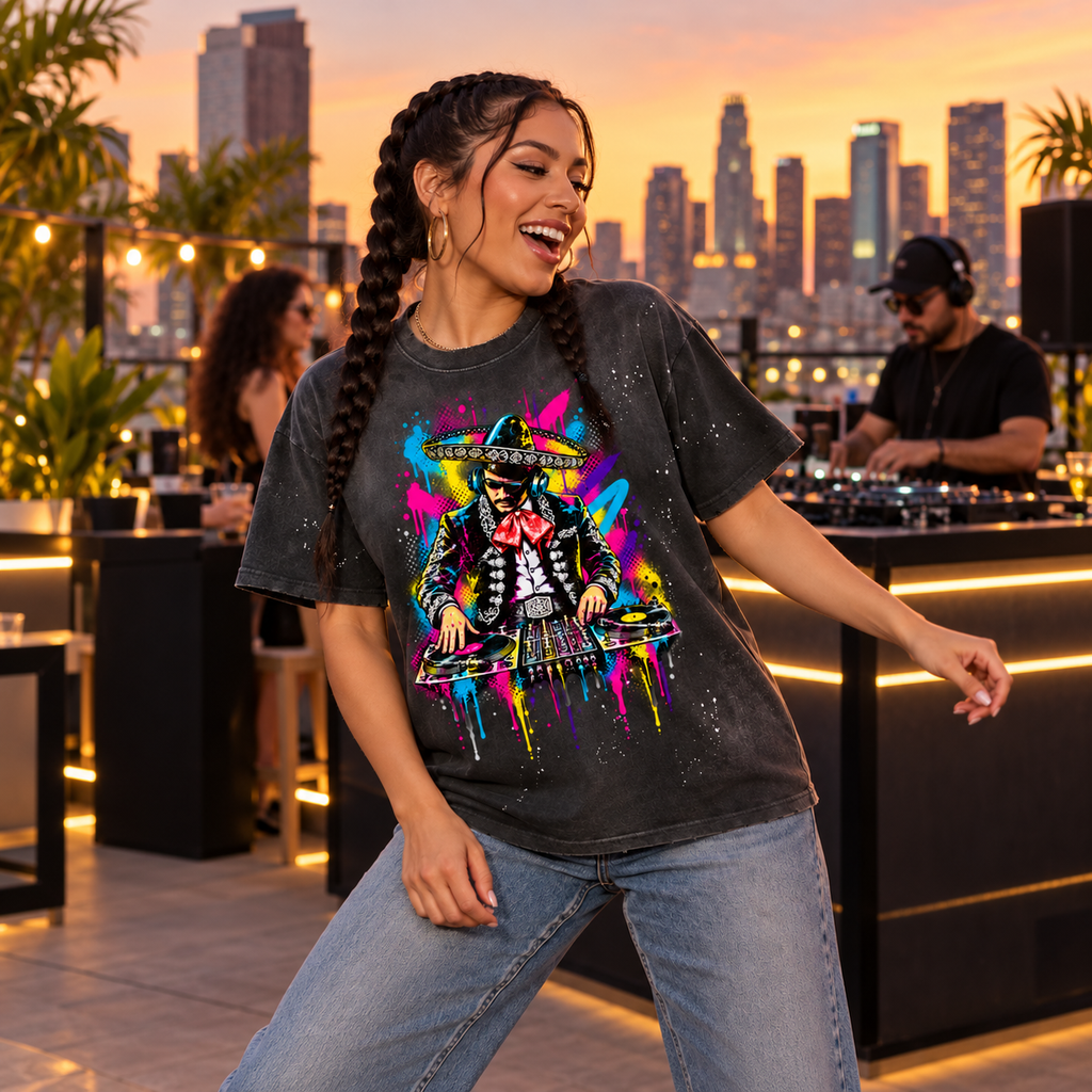 Model dancing at a Downtown LA rooftop event in the black Neon Charro Splatter Tee [Color: Black]