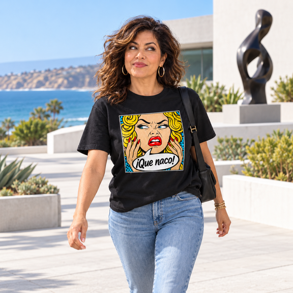 Model at a contemporary La Jolla sculpture garden wearing the black ¡Que Naco! Heavyweight Tee [Color: Classic Black]